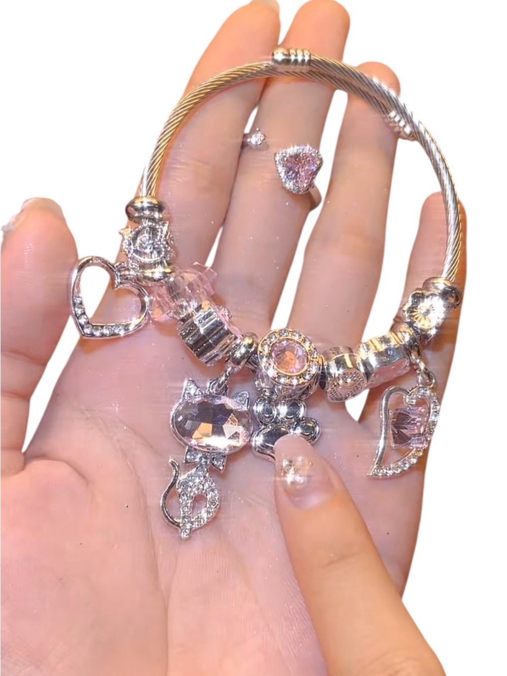 Silver-Tone Pink Crystal Charm Bracelet with Ring